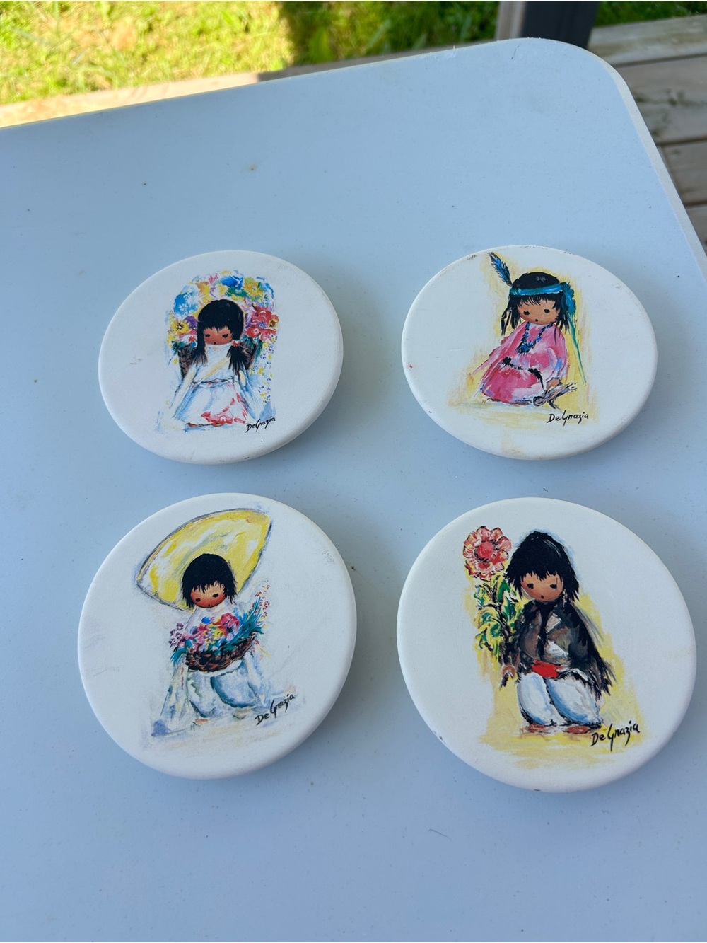 De Grazia White Ceramic Coasters with Painted Child Figures - Set of 4